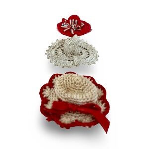 Handmade Antique Red and Cream Crochet Hat Set for Dolls or Ornaments